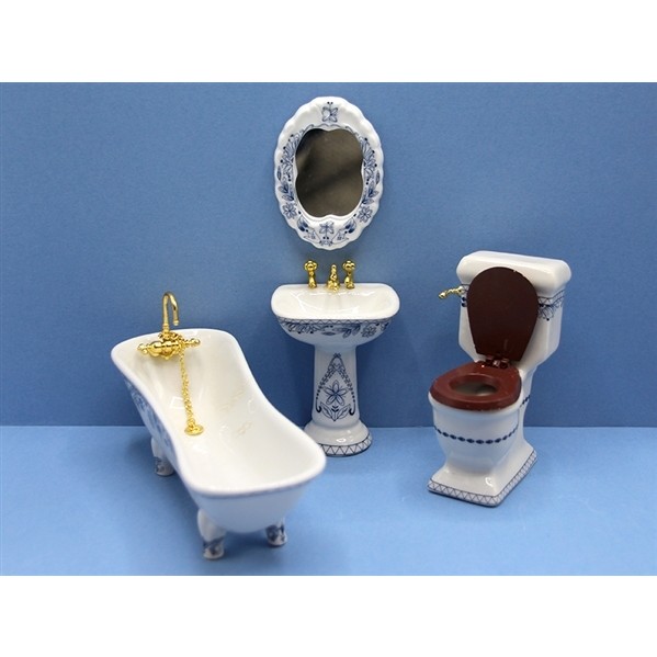 The Wonham Collection Blue And White Bathroom Set of 4 includes mirror